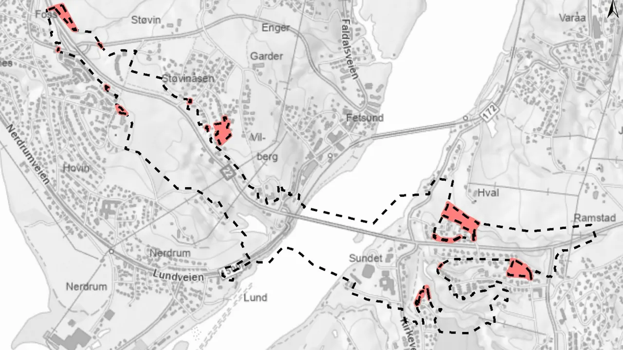 Kartet viser områder i randsonen av RV glommakryssningen som må innlemmes i planarbeidet.
