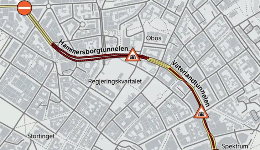 Kart over sentrale deler av Ring 1 i Oslo med Hammersborg- og Vaterlandstunnelen.