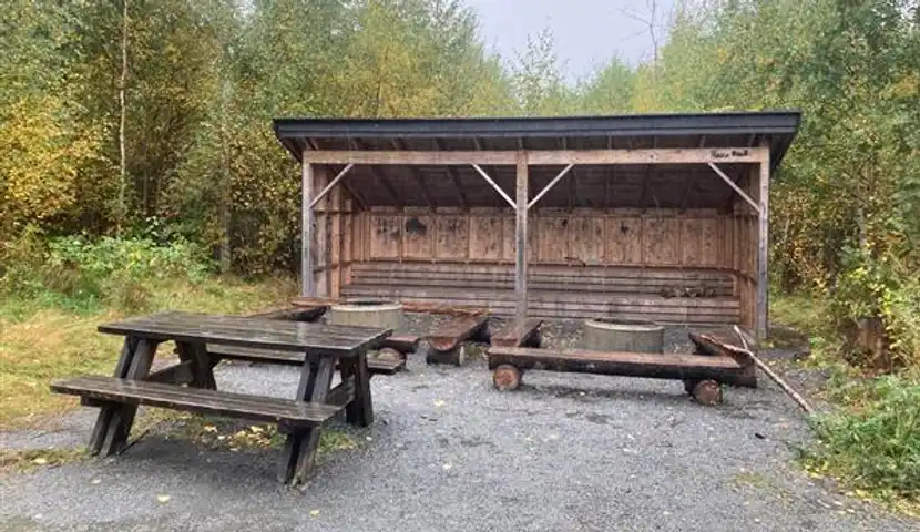 Et piknikbord og benker i et skogsområde, grillplass og gapahuk.